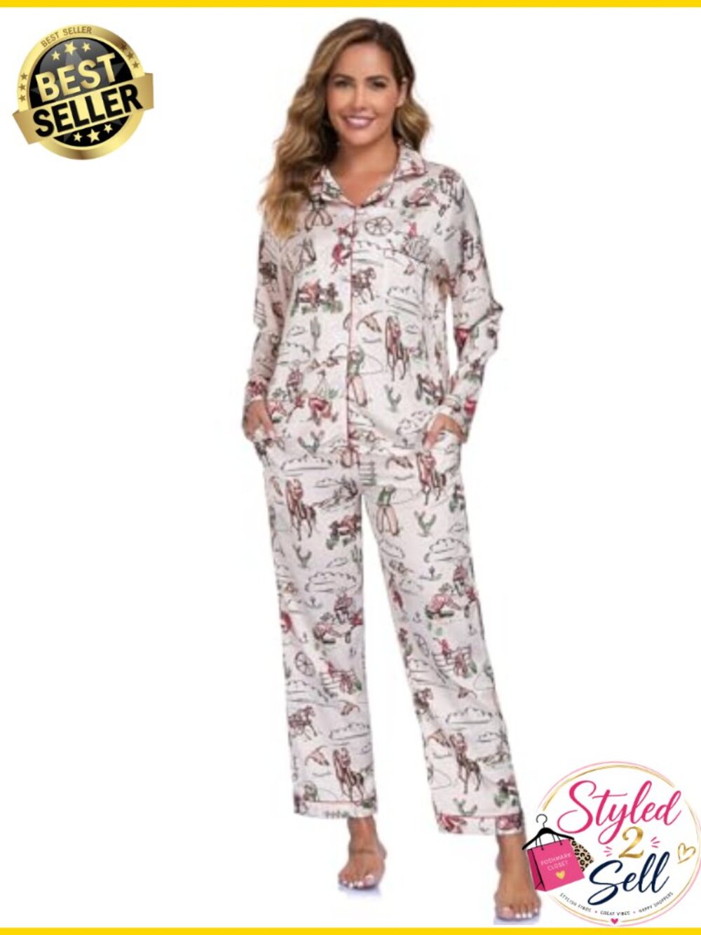 Womens 2 Piece Pajama Set Button Down Long Sleeve Top & Pants Lounge Set